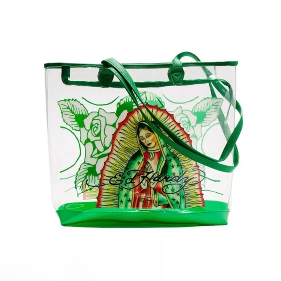 NWT Ed Hardy Virgin de Guadalupe Clear Floral Tote Bag $159 Green - Picture 2 of 7